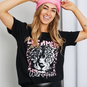 Black Graphic Tee with Leopard Print